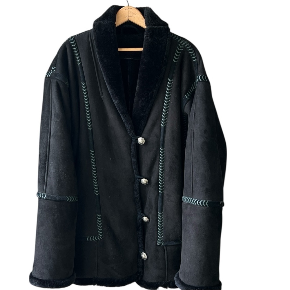 Spolek Vtg Large Black Jacket Leather Trim Midi Length Sherpa Lined Unique